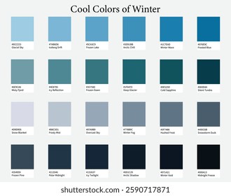 Color Palettes 24 Cool Shades of Winter - Blue, Purple, Deep Colors - with HEX Codes and Names, Colour Scheme and Combinations