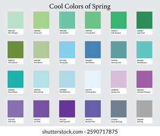 Color Palettes 24 Cool Shades of Spring - Blue, Green, Purple, Bright Colors - with HEX Codes and Names, Colour Scheme and Combinations