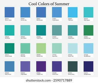 Color Palettes 24 Cool Shades of Summer - Blue, Green, Purple Colors - with HEX Codes and Names, Colour Scheme and Combinations