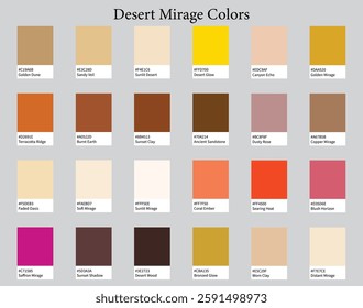 Color Palettes 24 Warm Colours of Desert Mirage - Earthy, Golden, Deep, Bright Colors - with HEX Codes and Names, Colour Scheme and Combinations