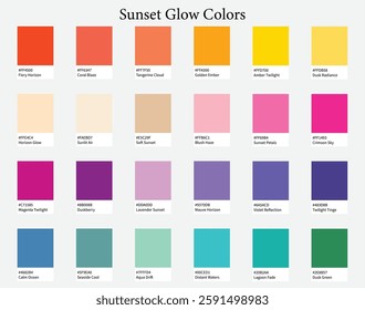 Color Palettes 24 Warm Colours of Sunset Glow - Soft, Pastel, Radiant, Bright Colors - with HEX Codes and Names, Colour Scheme and Combinations