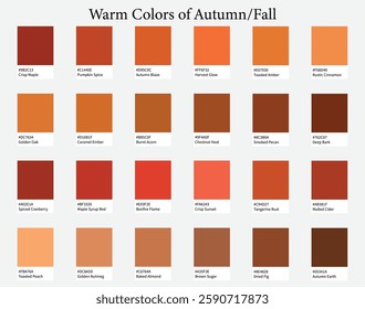 Color Palettes 24 Warm Shades of Autumn or Fall - Red, Brown, Bright Colors - with HEX Codes and Names, Colour Scheme and Combinations