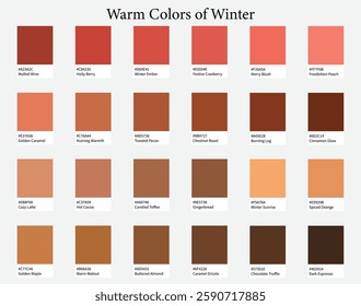 Color Palettes 24 Warm Shades of Winter - Maroon, Red, Brown Colors - with HEX Codes and Names, Colour Scheme and Combinations