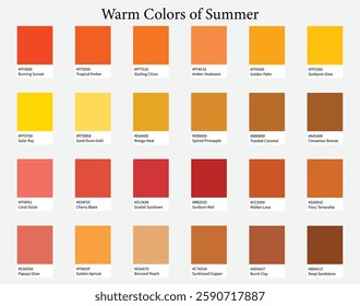 Color Palettes 24 Warm Shades of Summer - Orange, Yellow, Brown, Red, Bright Colors - with HEX Codes and Names, Colour Scheme and Combinations