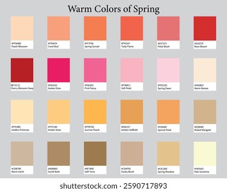 Color Palettes 24 Warm Shades of Spring - Orange, Pink, Brown, Red, Bright Colors - with HEX Codes and Names, Colour Scheme and Combinations