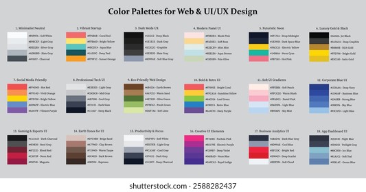 Color Palettes Set of 15, for Web UI UX and Designs, 6 Colors Set, Color Schemes with Hex Codes and Names, Colour Swatches and Combinations, Vector Illustration