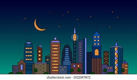 color panorama of a big city metropolis with modern buildings and skyscrapers in a linear style against the background of the night sky and the moon. vector illustration isolated