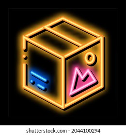 caja de papel de color, vector de signo de luz de neón. Señal de la caja de papel con colores brillantes. ilustración de símbolo transparente