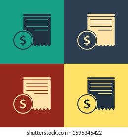 Color Paper check and financial check icon isolated on color background. Paper print check, shop receipt or bill. Vintage style drawing. Vector Illustration