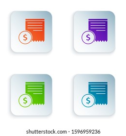 Color Paper check and financial check icon isolated on white background. Paper print check, shop receipt or bill. Set icons in square buttons. Vector Illustration