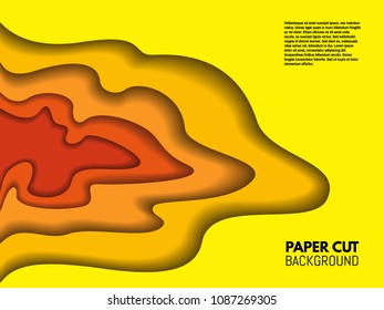 Color paper cut background. Red and yellow layers with shadows. Trendy design template. Backdrop with orange shapes. Vector illustration.