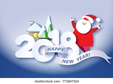 Color paper cut design 2018 and craft winter landscape with evergreen tree, house, Santa Claus. Vector illustration. Happy new year card.