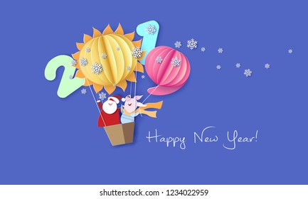 Color paper cut design card Santa Claus and pig flying with air balloons. Holiday New Year 2019 year and christmas design. Vector illustration