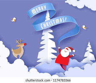 Color paper cut design and craft winter landscape with tree, reindeer, Santa, clouds. Holiday nature and christmas tree. Vector illustration. Merry Christmas card.