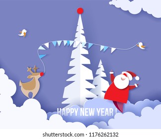 Color paper cut design and craft winter landscape with tree, reindeer, Santa, clouds. Holiday nature and christmas tree. Vector illustration. Merry Christmas card.