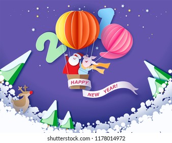 Color paper cut design and craft winter landscape with tree, Santa Claus and pig. Holiday nature 2019 and christmas design. Vector illustration. Merry Christmas card.