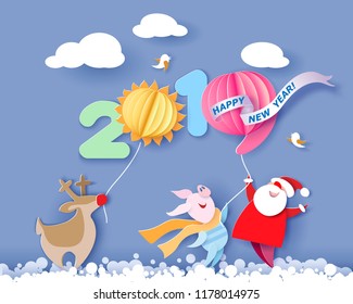 Color paper cut design and craft winter landscape with tree, Santa Claus and pig. Holiday nature 2019 and christmas design. Vector illustration. Merry Christmas card. Color paper cut design and craft winter landscape with tree, Santa Claus and pig. Holiday nature 2019 and christmas design. Vector illustration. Merry Christmas card.