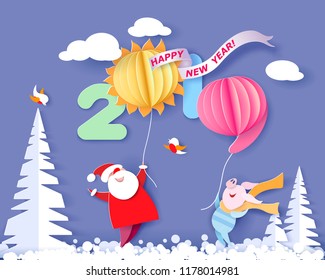 Color paper cut design and craft winter landscape with tree, Santa Claus and pig. Holiday nature 2019 and christmas design. Vector illustration. Merry Christmas card.