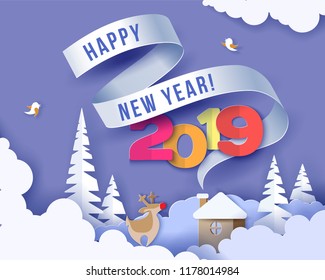 Color paper cut design and craft winter landscape with trees, house with smoke from chimney stars and clouds. Holiday nature 2019 and christmas tree. Vector illustration. Merry Christmas card.