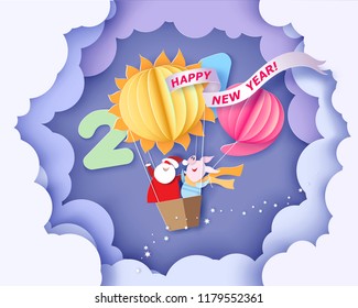 Color paper cut design and craft winter landscape with tree, Santa Claus and pig flying with air balloons. Holiday 2019 year and christmas design. Vector illustration. New Year card.