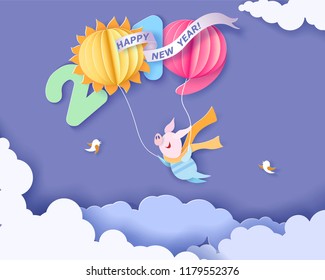 Color paper cut design and craft winter landscape with Happy pig flying with air balloons shaped like digits. Holiday 2019 year and christmas design. Vector illustration. New Year card. Color paper cut design and craft winter landscape with Happy pig flying with air balloons shaped like digits. Holiday 2019 year and christmas design. Vector illustration. New Year card.