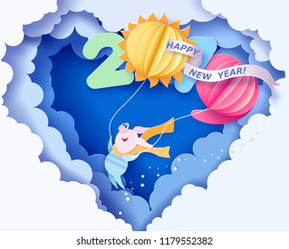 Color paper cut design and craft winter landscape with Happy pig flying with air balloons shaped like digits. Holiday 2019 year and christmas design. Vector illustration. New Year card.