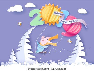 Color paper cut design and craft winter landscape with Happy pig swinging with air balloons shaped like digits. Holiday 2019 year and christmas design. Vector illustration. New Year card.