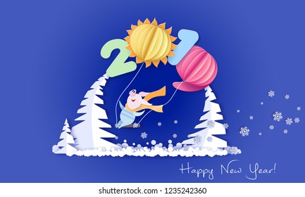 Color paper cut design and craft winter landscape with pig on swing under big digits 2019 shaped as air ballons. Winter holidays and christmas design. Vector illustration. Happy New Year 2019 card.