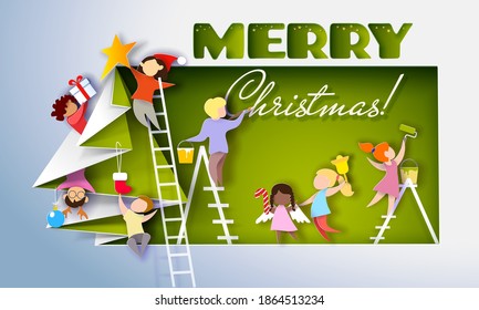 Color paper cut design and craft with Christmas tree. Children different nationalities decorate holiday tree and card. Vector illustration. Merry Christmas card.