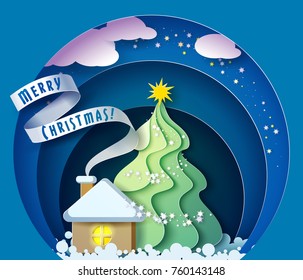 Color paper cut design and craft winter landscape with evergreen tree, house with smoke from chimney, stars and clouds. Holiday nature and christmas tree. Vector illustration. Merry Christmas card.