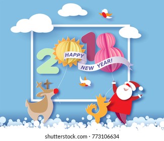 Color paper cut design and craft winter landscape with reindeer, Santa Claus, dog and digits 2018. Holiday New year and Merry Christmas card. Vector illustration