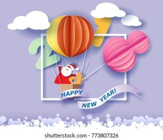 Color paper cut design and craft winter landscape with Santa Claus and dog traveling vai air balloon sun and digit 2018. Holiday New year and Merry Christmas card. Vector illustration