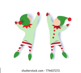 Color paper cut design and craft of a little boy dancing in winter clothes of gnome. Vector illustration. Happy new year card.