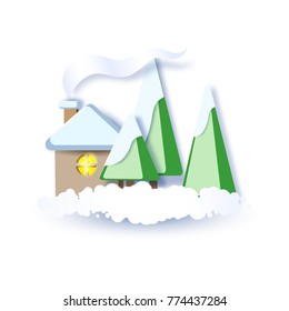 Color paper cut design and craft winter landscape with evergreen trees, house with smoke from chimney. Vector illustration. Happy new year card.