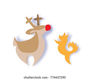 Color paper cut design and craft reindeer, dog. Holiday New year and Merry Christmas card. Vector illustration