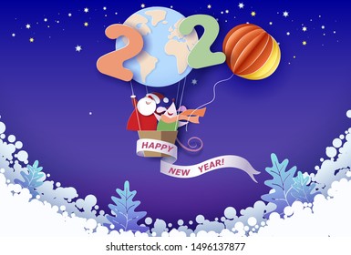 Color paper cut design winter landscape with tree, Santa Claus and rat mouse flying with air balloon Earth globe and Moon. Holiday 2020 year and christmas design. Vector illustration. New Year card.