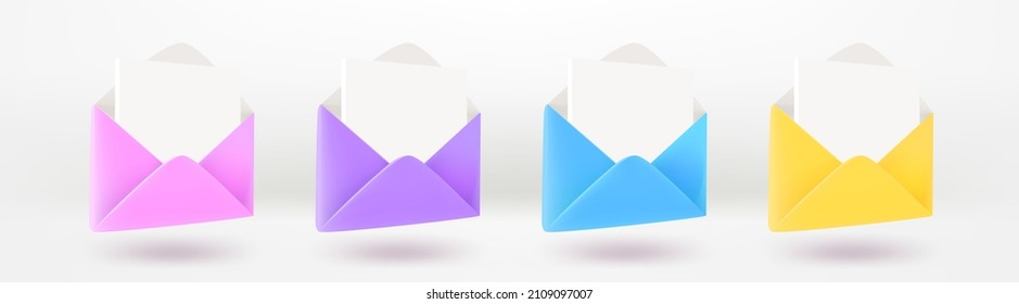 Color paper envelopes set isolated on white background. 3d vector illustration
