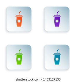 Color Paper glass with drinking straw and water icon isolated on white background. Soda drink glass. Fresh cold beverage symbol. Set icons in colorful square buttons. Vector Illustration