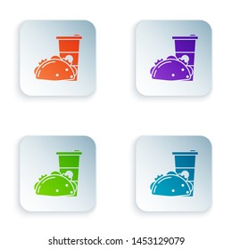 Color Paper glass and taco with tortilla icon isolated on white background. Soda aqua drink sign. Hamburger, burger, cheeseburger sandwich. Set icons in colorful square buttons. Vector Illustration