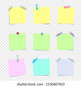 Plantillas de mensajes de notas de papel de color establecidas con sombra aislada en fondo transparente. Burla de pin adhesivo. Aviso para hacer o comprar recordatorio de lista vacío