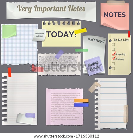 Color Paper Notes on Stickers Set for Business Office on a Grey Notice Concept. Vector illustration