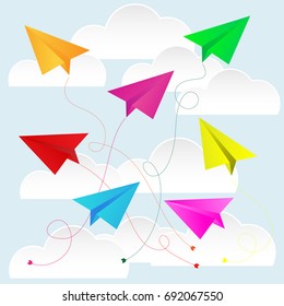 Color paper plane with paper cloud