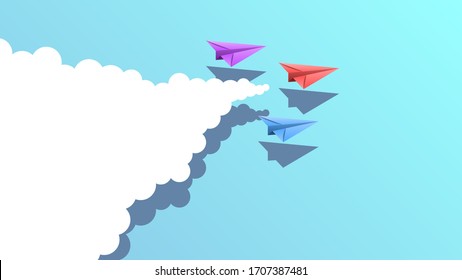 Color Paper Planes On Blue Background With Clouds Design Travel
