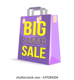 Color paper shopping bag with ad text. Big summer sale and picture sun on the bag for purchase. 3D illustration. Template for online shopping, advertising actions