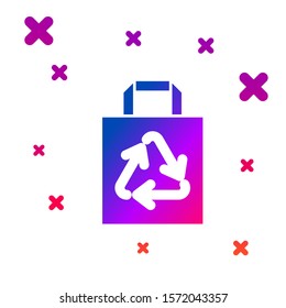 Color Paper shopping bag with recycle icon isolated on white background. Bag with recycling symbol. Gradient random dynamic shapes. Vector Illustration