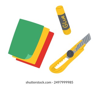 Color paper with stationery knife and glue. Traditional kids craft art supplies, creative hobby accessories, top view. Flat vector illustration isolated on white background