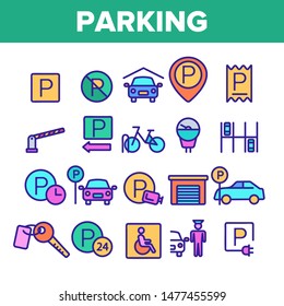 Color Parking Thin Line Icons Set Vector. Parking Service Sign And GPS Mark, Garage With Car And Bicycle, Key And Park Place Linear Pictograms. Illustrations