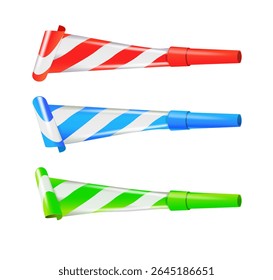 Color Party Blower Whistles Set of Celebration Happy Party. Realistic Detailed 3d. Vector