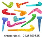 Color party blowers. Paper blower for birthday or festival time. Children toys or fans accessories. Tube horns, decorative whistles neoteric cartoon vector set