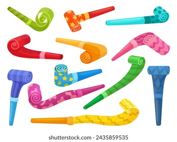 Color party blowers. Paper blower for birthday or festival time. Children toys or fans accessories. Tube horns, decorative whistles neoteric cartoon vector set